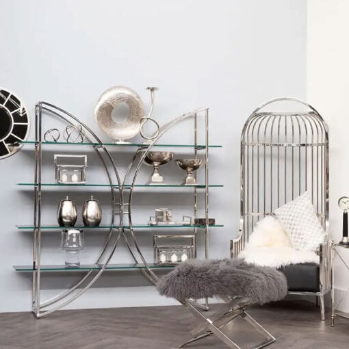 Silver Chrome Metal And Black Glass Large 4 Tier Open Curved Shelving Unit Bookcase