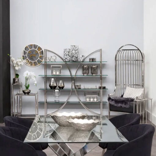 Silver Chrome Metal And Black Glass Large 4 Tier Open Curved Shelving Unit Bookcase