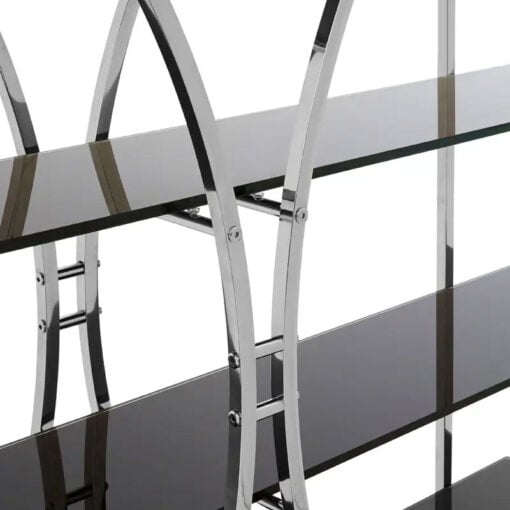 Silver Chrome Metal And Black Glass Large 4 Tier Open Curved Shelving Unit Bookcase