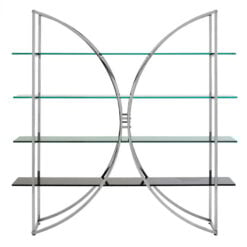 Silver Chrome Metal And Black Glass Large 4 Tier Open Curved Shelving Unit Bookcase