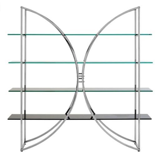 Silver Chrome Metal And Black Glass Large 4 Tier Open Curved Shelving Unit Bookcase