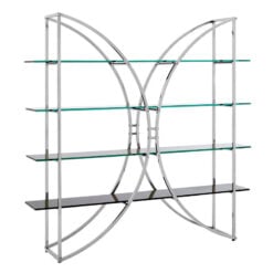 Silver Chrome Metal And Black Glass Large 4 Tier Open Curved Shelving Unit Bookcase