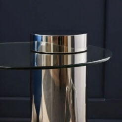 Silver Chrome Metal And Clear Glass Round Pedestal Side Table