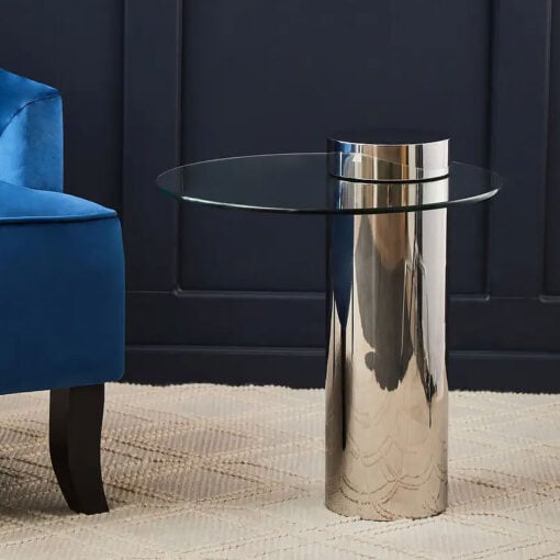 Silver Chrome Metal And Clear Glass Round Pedestal Side Table