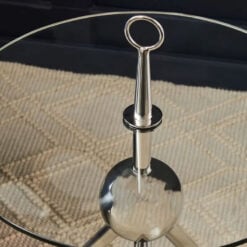 Silver Chrome Metal And Clear Glass Round Tripod Side Table With A Handle