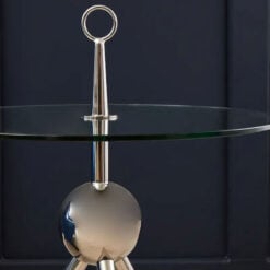Silver Chrome Metal And Clear Glass Round Tripod Side Table With A Handle