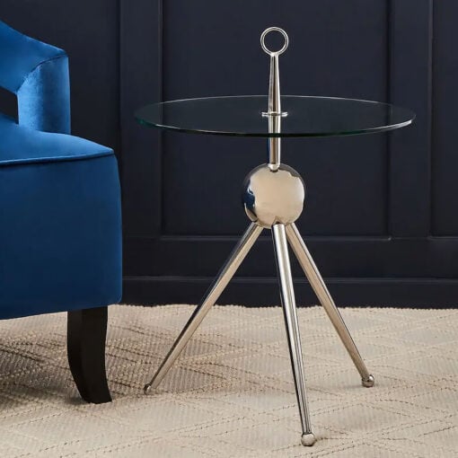Silver Chrome Metal And Clear Glass Round Tripod Side Table With A Handle