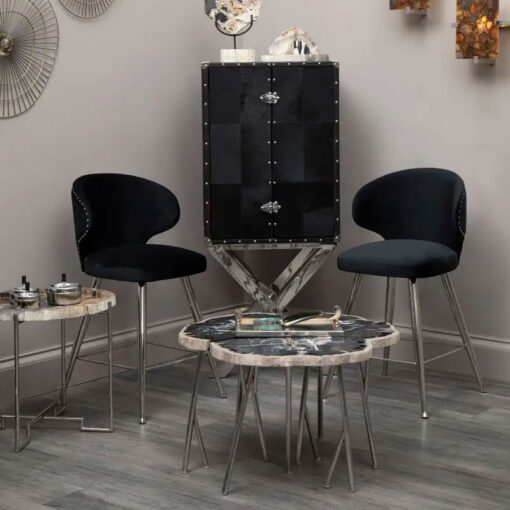 Silver Chrome Metal And Genuine Black Hair On Hide Leather 2 Door Drinks Bar Cabinet