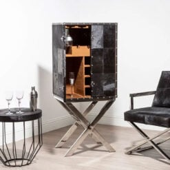 Silver Chrome Metal And Genuine Black Hair On Hide Leather 2 Door Drinks Bar Cabinet