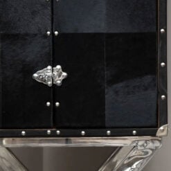 Silver Chrome Metal And Genuine Black Hair On Hide Leather 2 Door Drinks Bar Cabinet