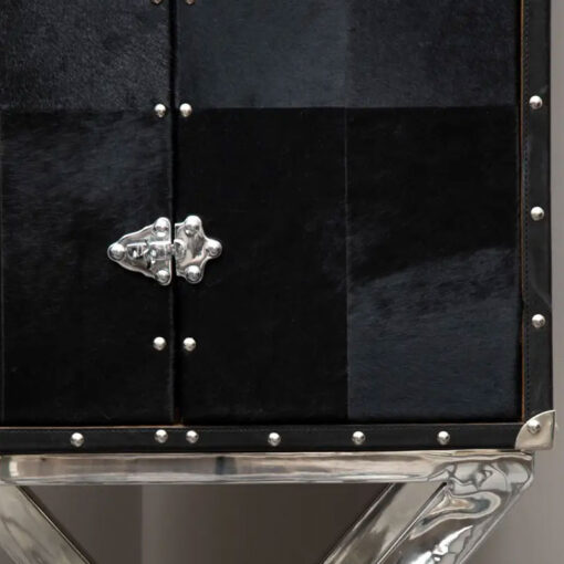 Silver Chrome Metal And Genuine Black Hair On Hide Leather 2 Door Drinks Bar Cabinet