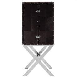 Silver Chrome Metal And Genuine Black Hair On Hide Leather 2 Door Drinks Bar Cabinet