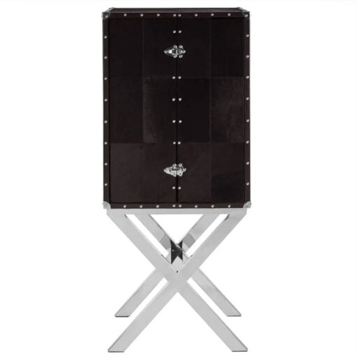 Silver Chrome Metal And Genuine Black Hair On Hide Leather 2 Door Drinks Bar Cabinet