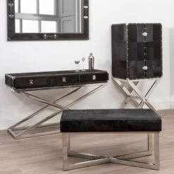 Silver Chrome Metal And Genuine Black Hair On Hide Leather 2 Door Drinks Bar Cabinet