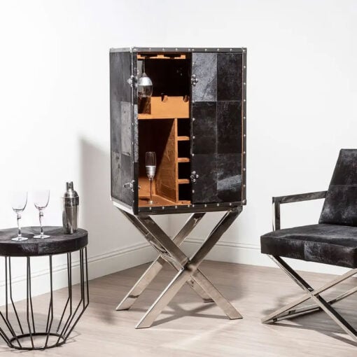 Silver Chrome Metal And Genuine Black Hair On Hide Leather 2 Door Drinks Bar Cabinet