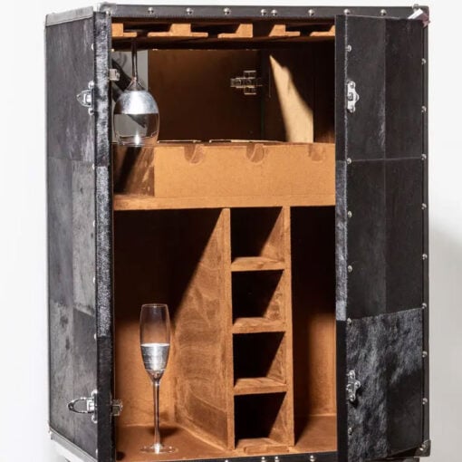 Silver Chrome Metal And Genuine Black Hair On Hide Leather 2 Door Drinks Bar Cabinet