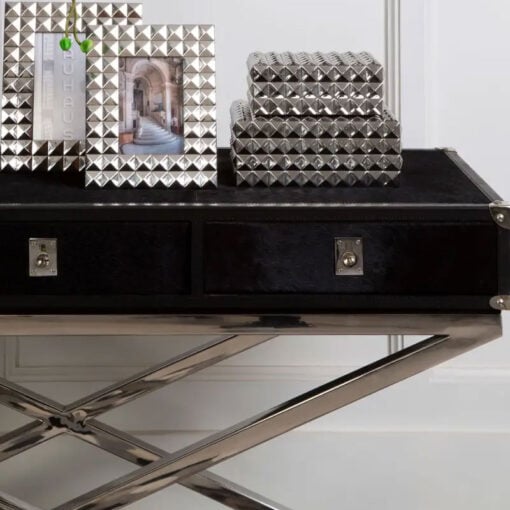 Silver Chrome Metal And Genuine Black Hair On Hide Leather 3 Drawer Console Table