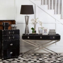 Silver Chrome Metal And Genuine Black Hair On Hide Leather 3 Drawer Console Table