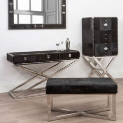 Silver Chrome Metal And Genuine Black Hair On Hide Leather 3 Drawer Console Table