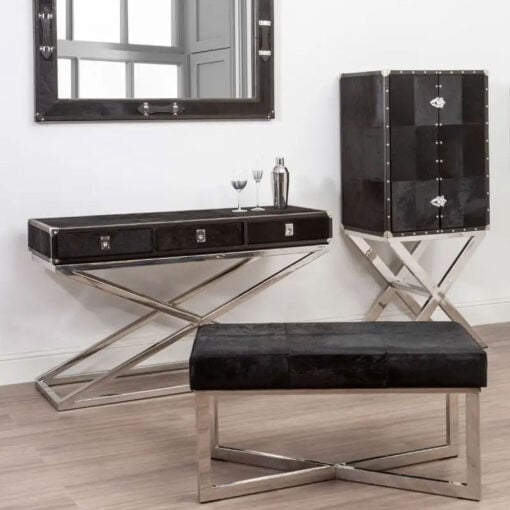 Silver Chrome Metal And Genuine Black Hair On Hide Leather 3 Drawer Console Table