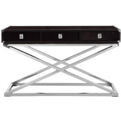 Silver Chrome Metal And Genuine Black Hair On Hide Leather 3 Drawer Console Table