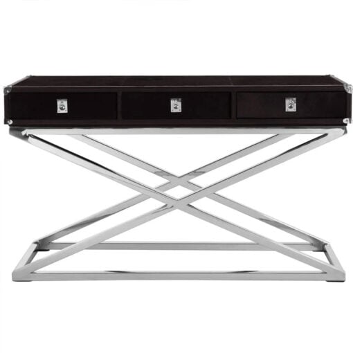 Silver Chrome Metal And Genuine Black Hair On Hide Leather 3 Drawer Console Table