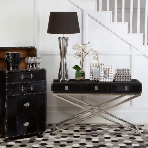Silver Chrome Metal And Genuine Black Hair On Hide Leather 3 Drawer Console Table