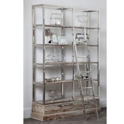 Silver Chrome Metal And Solid White Washed Pine Wood Large 2 Drawer 5 Tier Bookcase Shelving Display Unit With Movable Ladder 225cm
