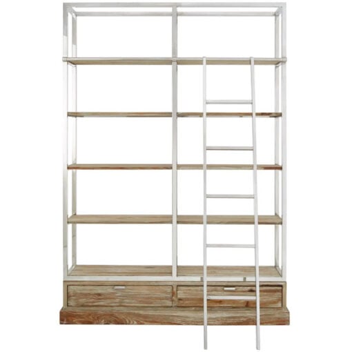 Silver Chrome Metal And Solid White Washed Pine Wood Large 2 Drawer 5 Tier Bookcase Shelving Display Unit With Movable Ladder 225cm