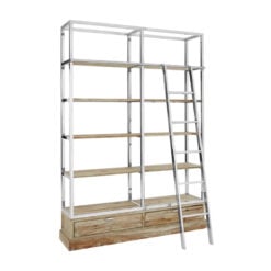 Silver Chrome Metal And Solid White Washed Pine Wood Large 2 Drawer 5 Tier Bookcase Shelving Display Unit With Movable Ladder 225cm