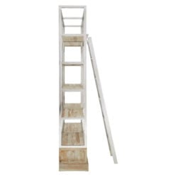 Silver Chrome Metal And Solid White Washed Pine Wood Large 2 Drawer 5 Tier Bookcase Shelving Display Unit With Movable Ladder 225cm