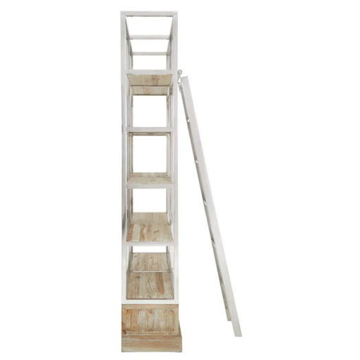 Silver Chrome Metal And Solid White Washed Pine Wood Large 2 Drawer 5 Tier Bookcase Shelving Display Unit With Movable Ladder 225cm