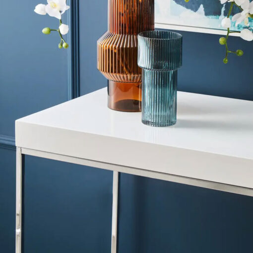 Silver Chrome Metal And White High Gloss Wood Console Table 120cm