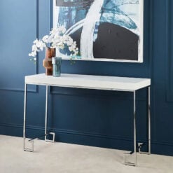 Silver Chrome Metal And White High Gloss Wood Console Table 120cm