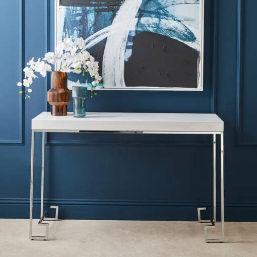 Silver Chrome Metal And White High Gloss Wood Console Table 120cm