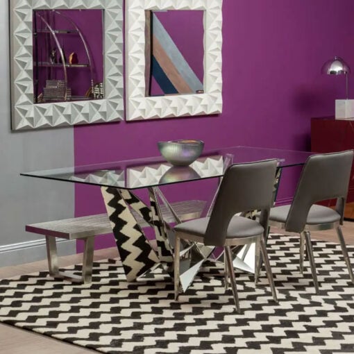 Silver Chrome Metal Clear Glass Modern Contemporary 6 Seater Dining Table 200cm
