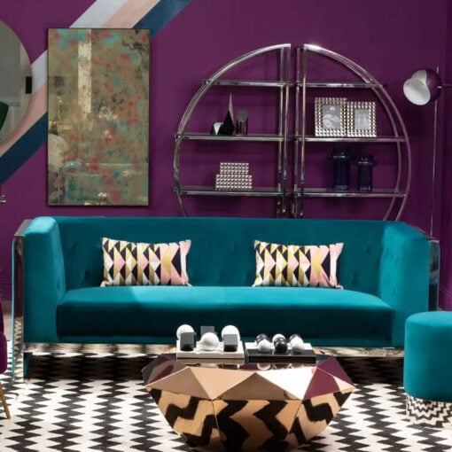 Teal Velvet And Silver Chrome Metal 3 Seater Button Tufted Sofa 220cm