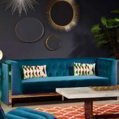 Teal Velvet And Silver Chrome Metal 3 Seater Button Tufted Sofa 220cm
