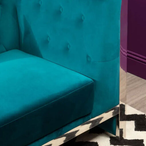 Teal Velvet And Silver Chrome Metal 3 Seater Button Tufted Sofa 220cm