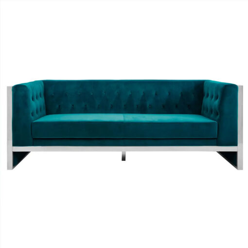 Teal Velvet And Silver Chrome Metal 3 Seater Button Tufted Sofa 220cm