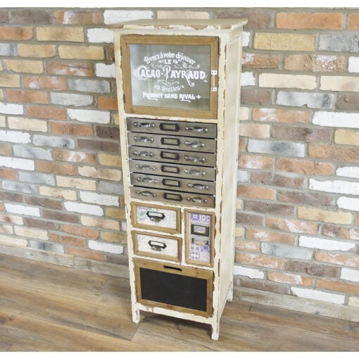 Boho Antique White Metal Multi Drawer Apothecary Shabby Chic Tall Cabinet