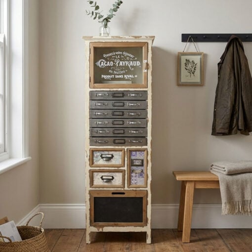 Boho Antique White Metal Multi Drawer Apothecary Shabby Chic Tall Cabinet