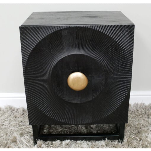 Boho Black Solid Carved Mango Wood And Black And Gold Metal 1 Door Bedside Cabinet