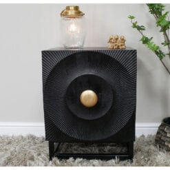 Boho Black Solid Carved Mango Wood And Black And Gold Metal 1 Door Bedside Cabinet