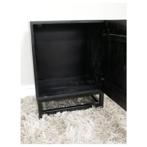 Boho Black Solid Carved Mango Wood And Black And Gold Metal 1 Door Bedside Cabinet