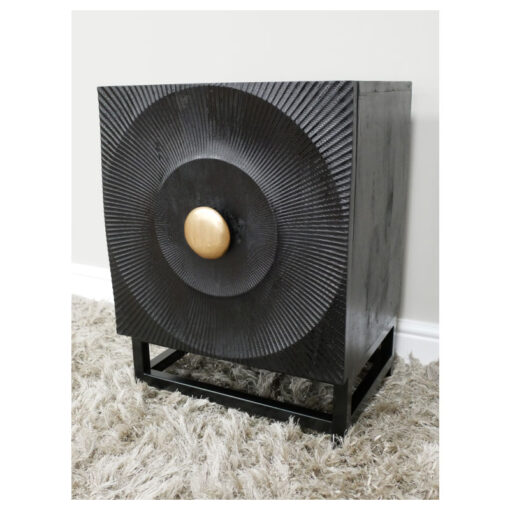 Boho Black Solid Carved Mango Wood And Black And Gold Metal 1 Door Bedside Cabinet