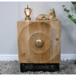 Boho Rustic Carved Solid Light Mango Wood 1 Door Bedside Cabinet Side Table With Black Metal Legs And Gold Handle