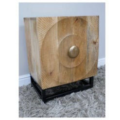 Boho Rustic Carved Solid Light Mango Wood 1 Door Bedside Cabinet Side Table With Black Metal Legs And Gold Handle