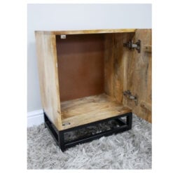 Boho Rustic Carved Solid Light Mango Wood 1 Door Bedside Cabinet Side Table With Black Metal Legs And Gold Handle