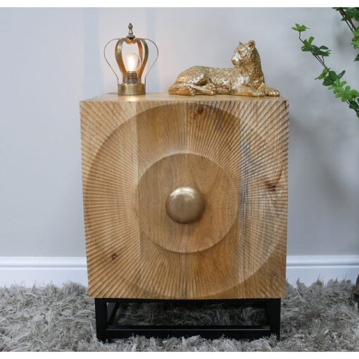 Boho Rustic Carved Solid Light Mango Wood 1 Door Bedside Cabinet Side Table With Black Metal Legs And Gold Handle